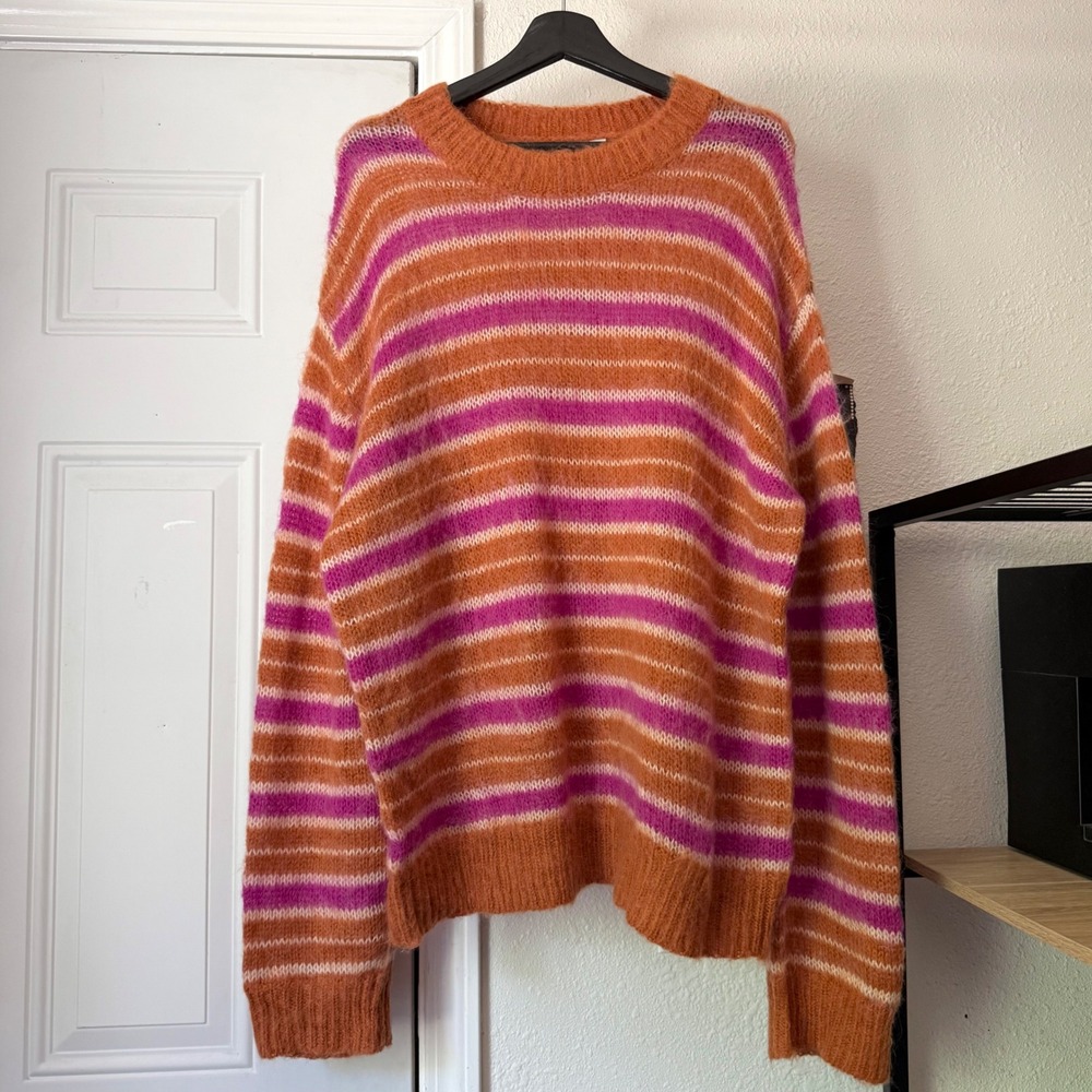 MNML mohair wool orange pink striped‎ soft stretchy crew neck pullover sweater